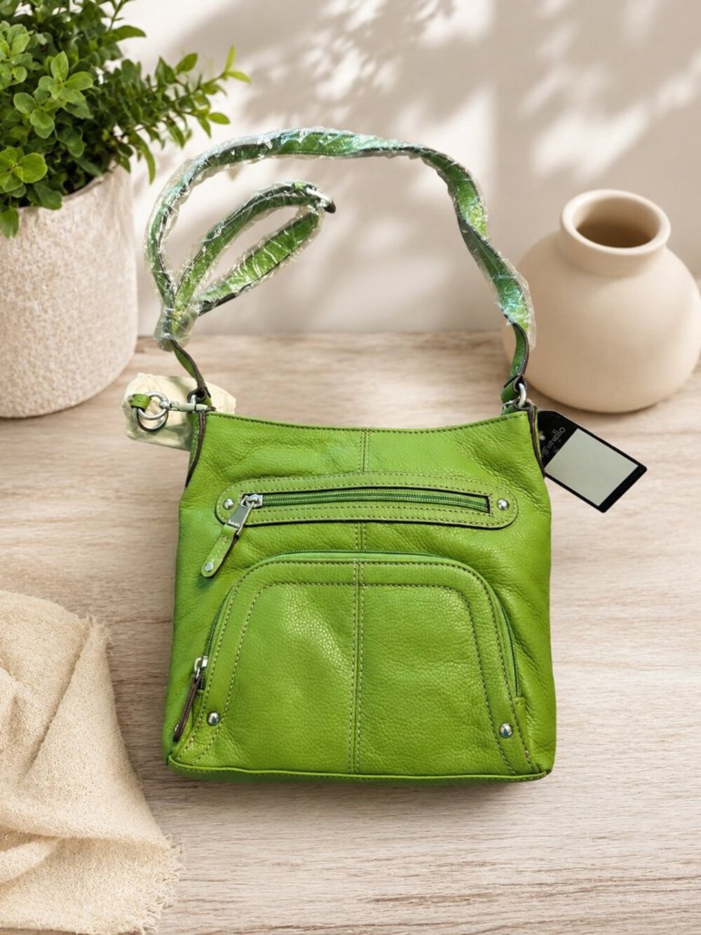 Tignanello Genuine Leather Lime Green Crossbody Purse NWT Pebbled Leather Bag